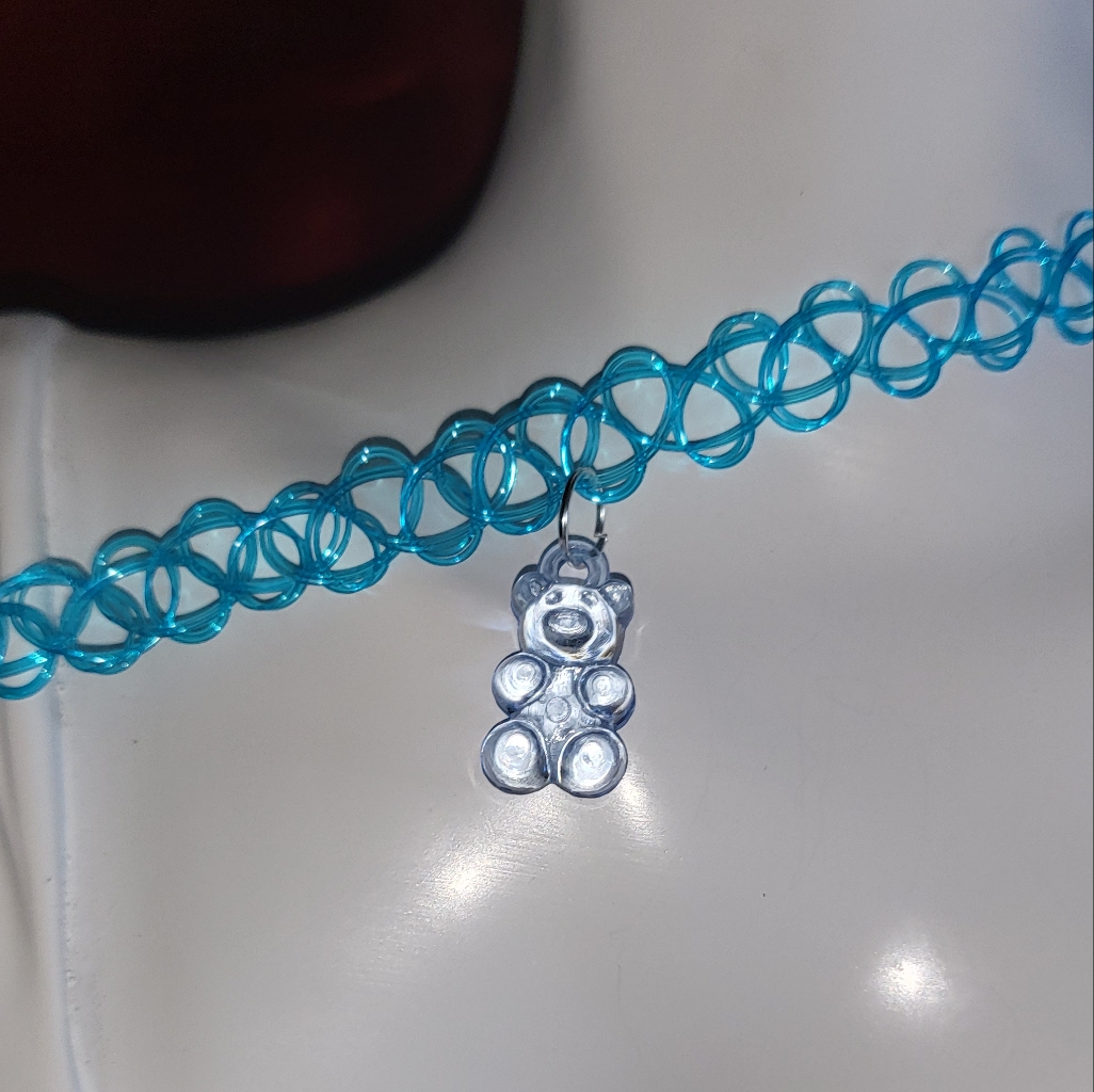 Baby Blue Bear Charm Necklace, Choker Necklace, 90s Choker, Charm Necklace